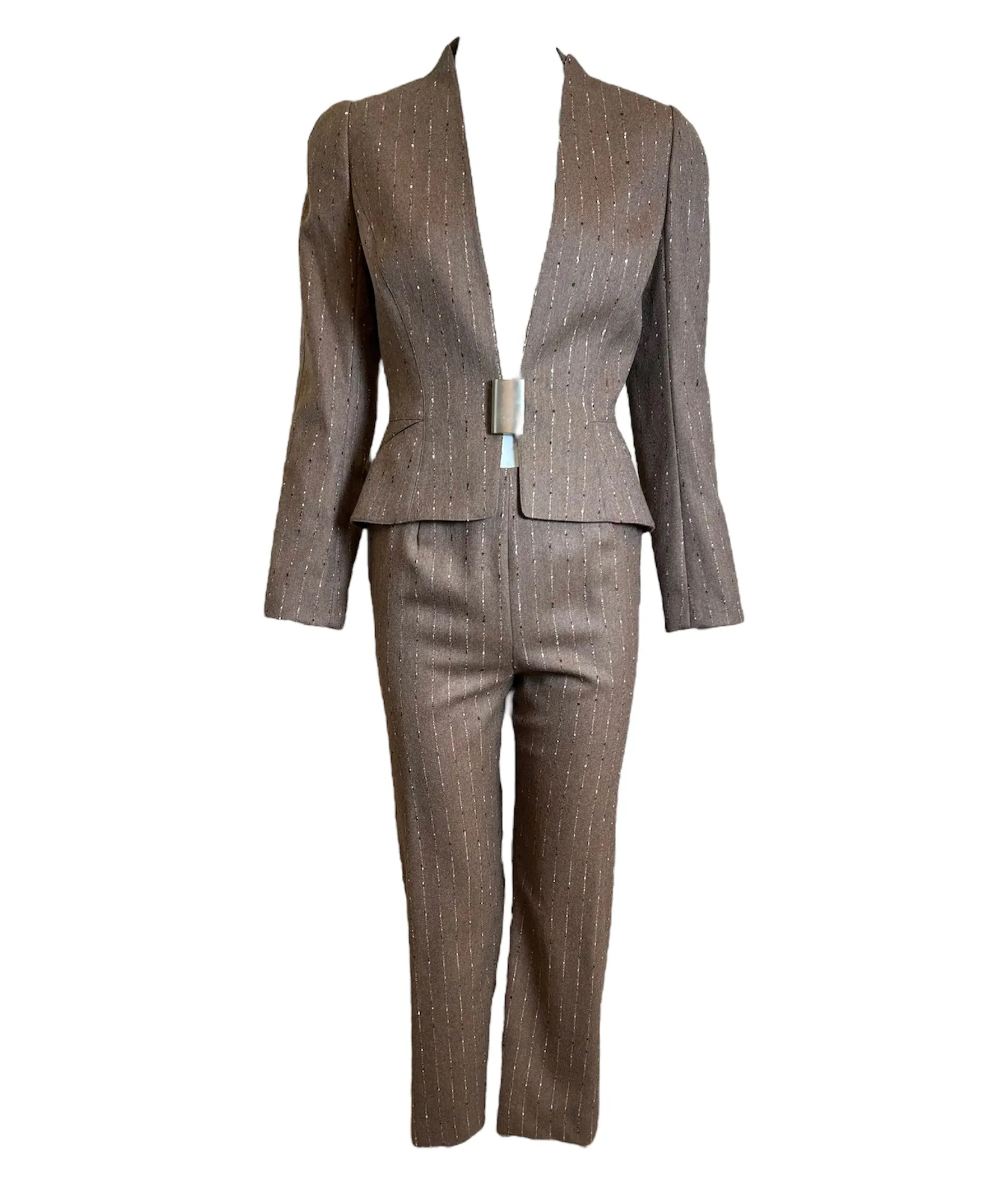 1990s Mugler Heather Brown Flecked Pinstripe Pant Suit Ensemble