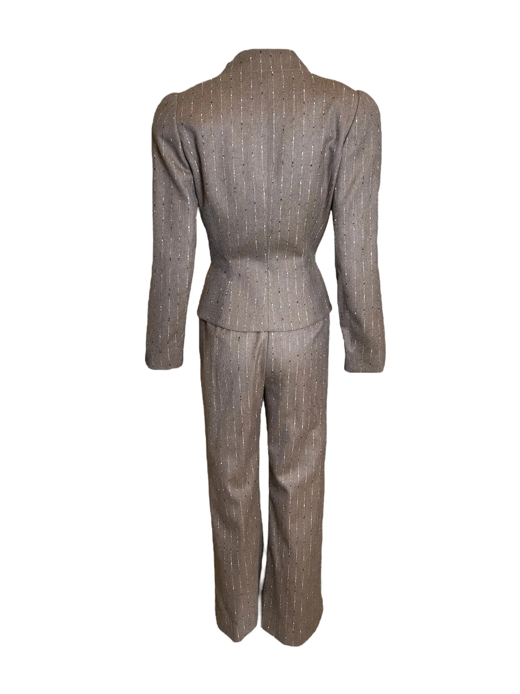 1990s Mugler Heather Brown Flecked Pinstripe Pant Suit Ensemble