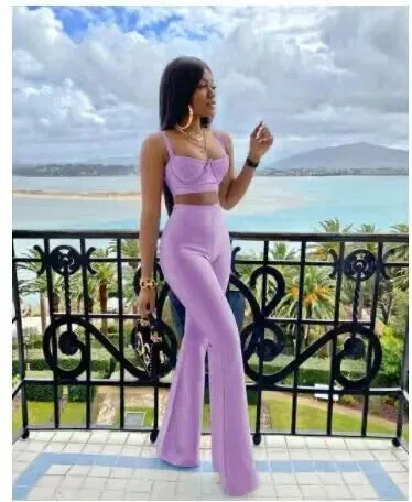 2024 Summer New Fashion Celebrity Sexy Bandage Two-piece Set Tight Short Top & High Waist Flared Trousers Pants Set