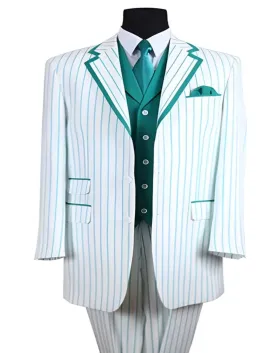 35 Inch White/Turquoise Seersucker Summer Pattern Vested 3 ~ Three Piece Tuxedo Pinstripe Striped Prom ~ Wedding Groomsmen Three Button Zoot Suit - Pimp Suit - Zuit Suit