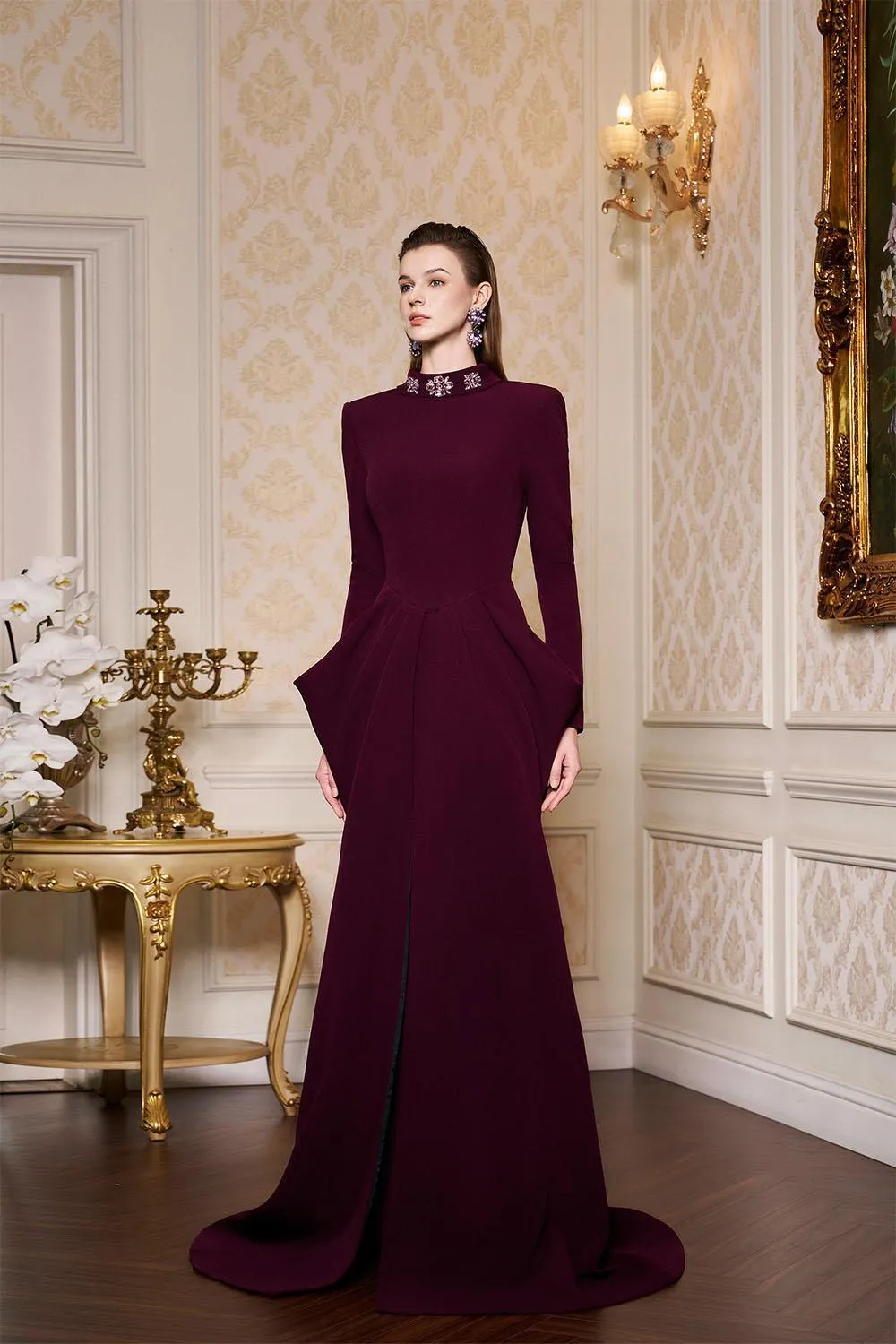 Alina Pegged Draped Velvet Floor Length Dress