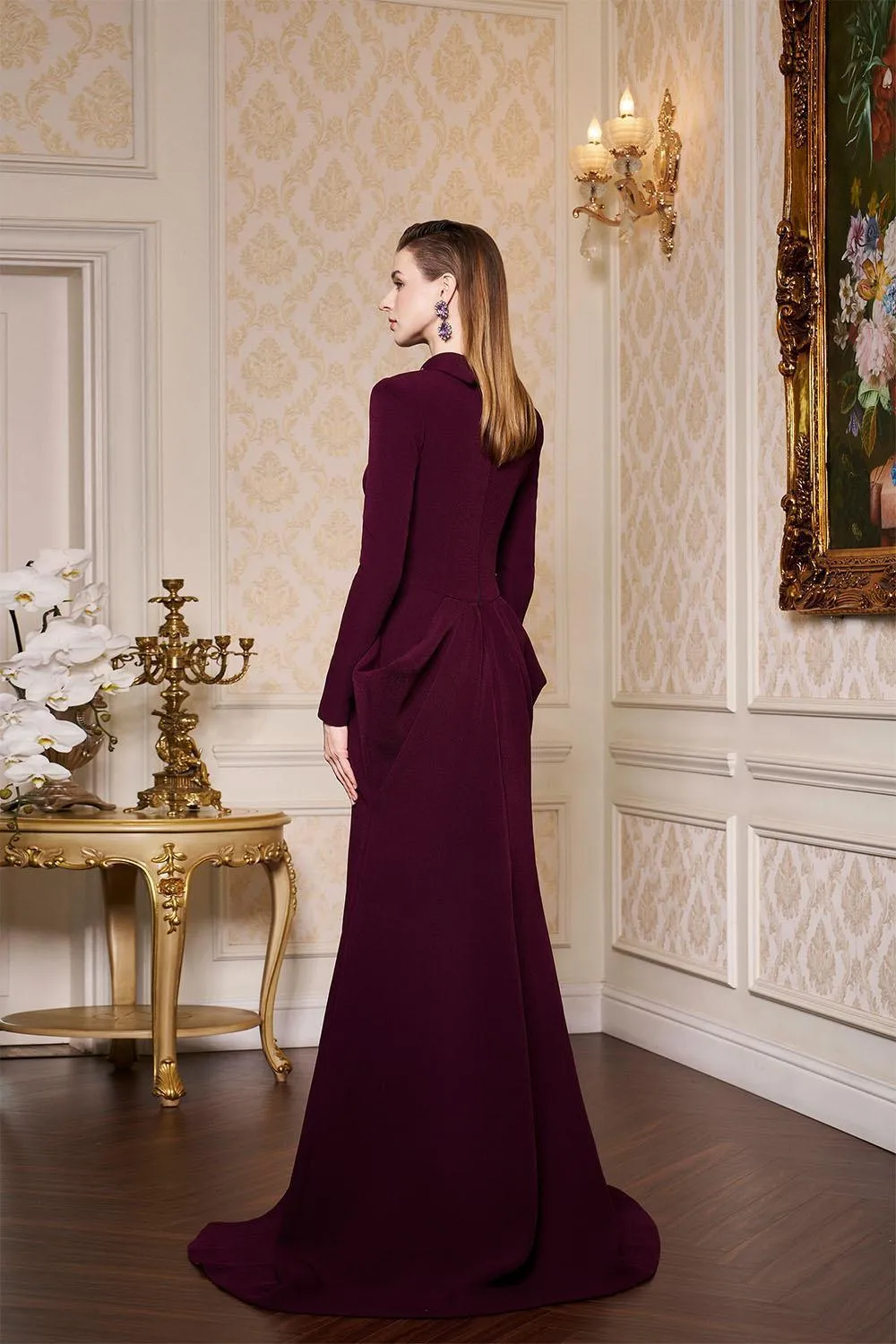 Alina Pegged Draped Velvet Floor Length Dress