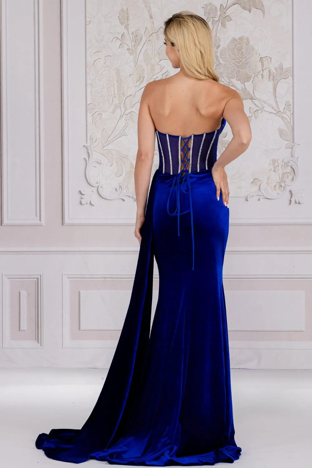 Beaded Strapless Velvet Slit Gown by Amelia Couture 5051