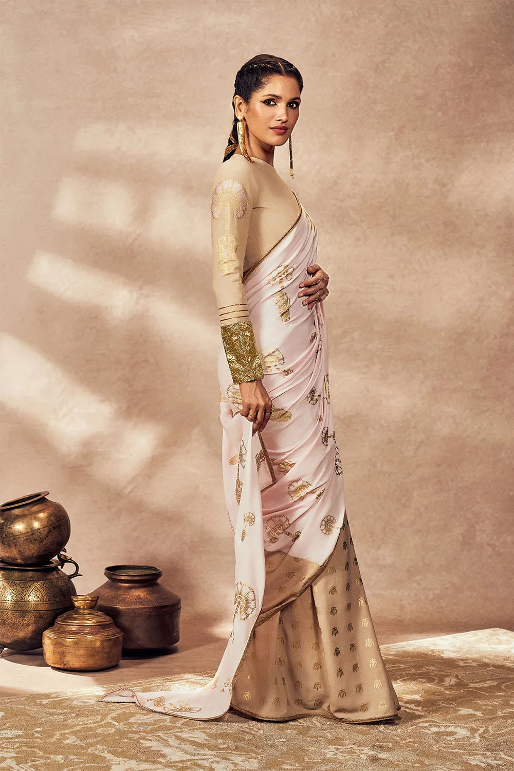 Beige And Pink Traveler'S Palm Saree