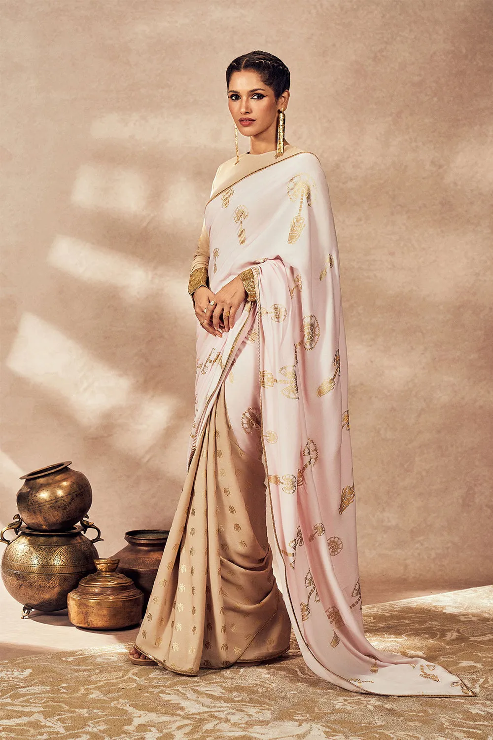 Beige And Pink Traveler'S Palm Saree