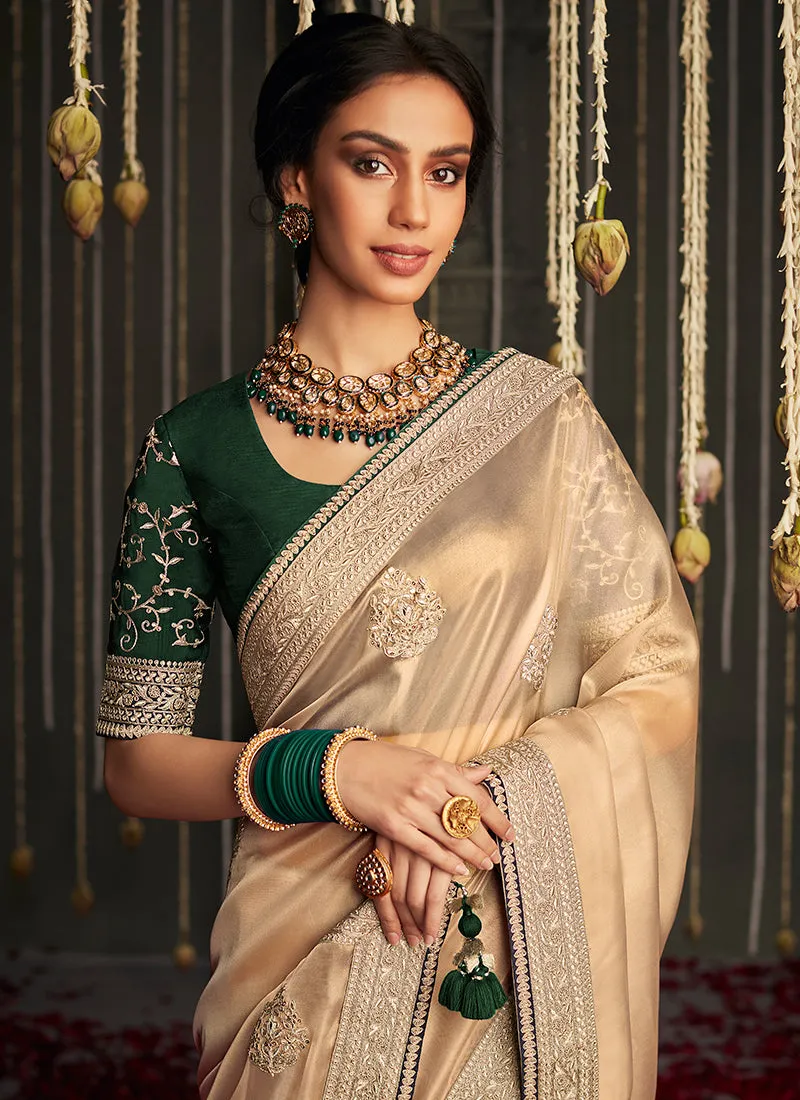 Beige Golden And Green Embroidered Organza Silk Saree