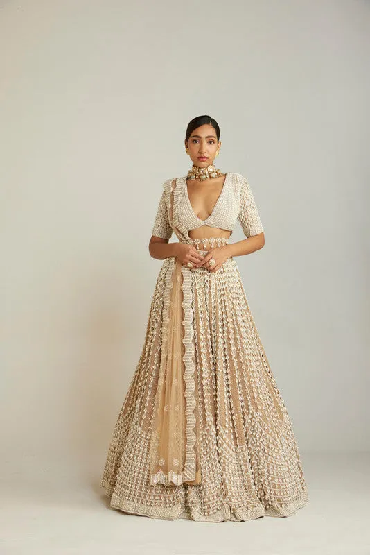 Beige V Neck Chandelier Pearl Lehenga Set