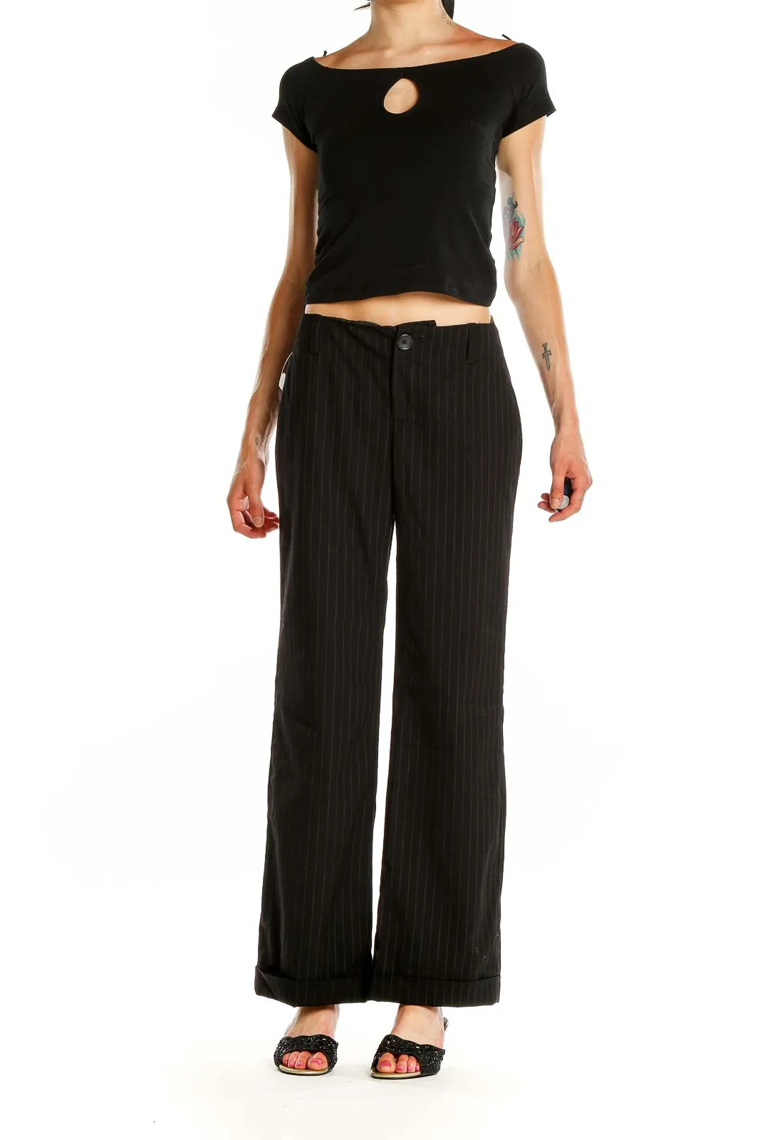 Black Pinstriped Wide-Leg Trousers