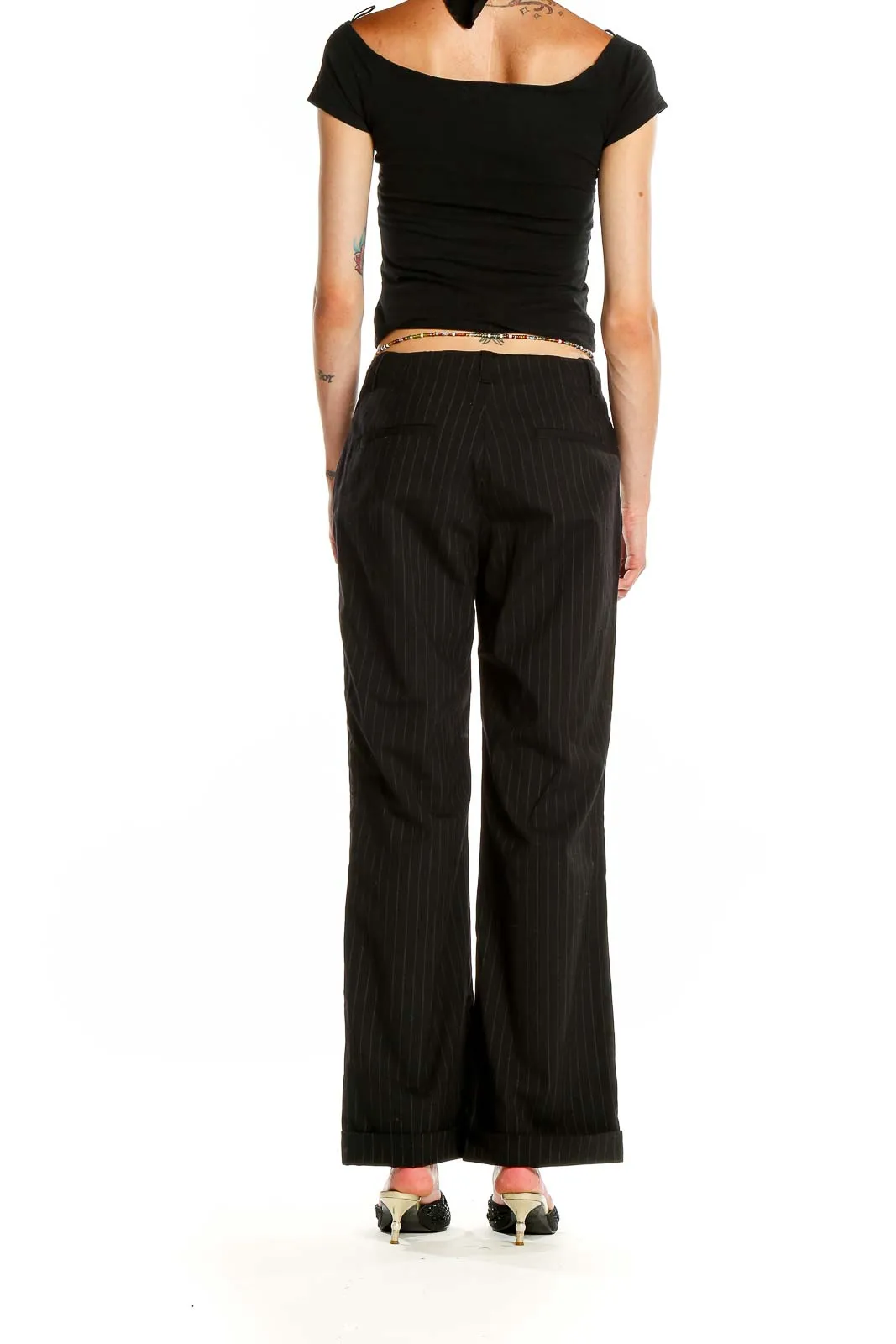 Black Pinstriped Wide-Leg Trousers