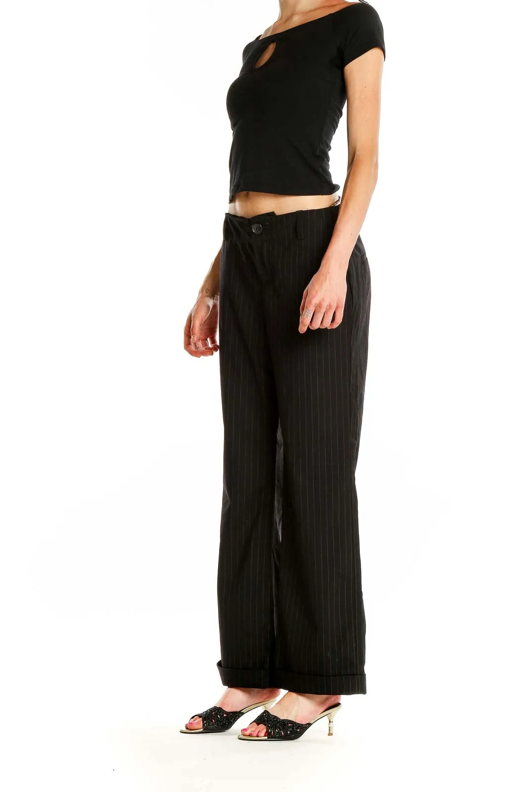 Black Pinstriped Wide-Leg Trousers