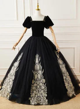 Black Tulle Velvet Square Short Sleeve Appliques Quinceanera Dress