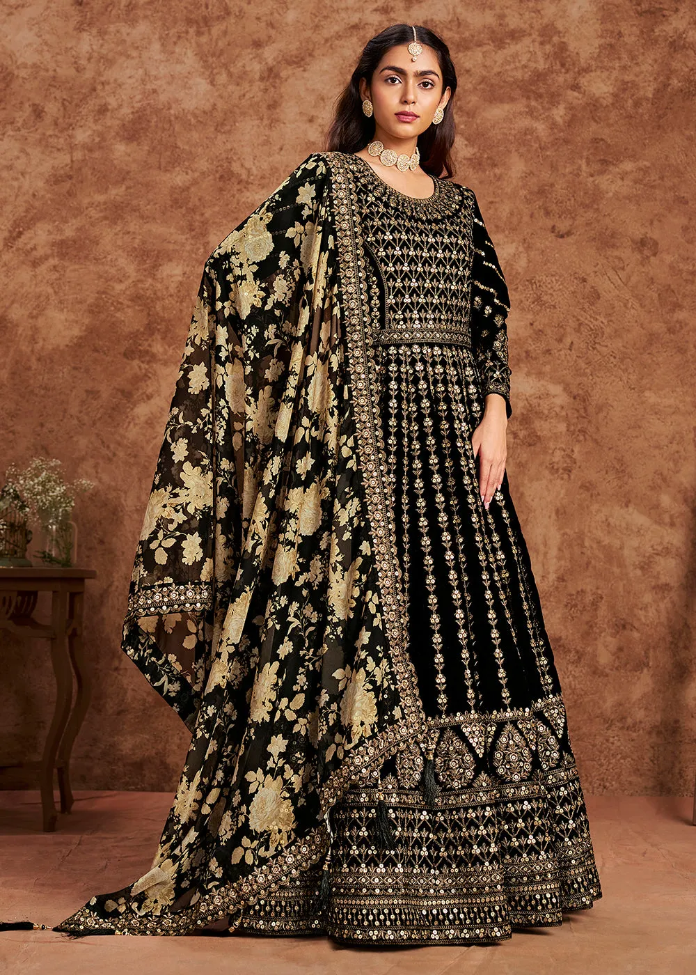 Black Velvet Embroidered Wedding Festive Anarkali Gown