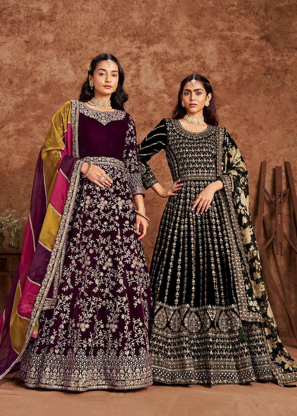 Black Velvet Embroidered Wedding Festive Anarkali Gown