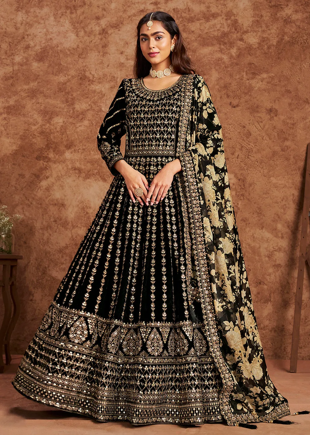 Black Velvet Embroidered Wedding Festive Anarkali Gown