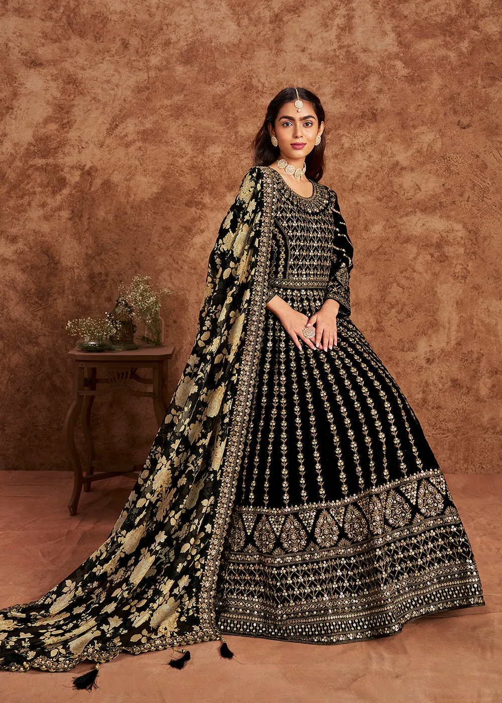 Black Velvet Embroidered Wedding Festive Anarkali Gown