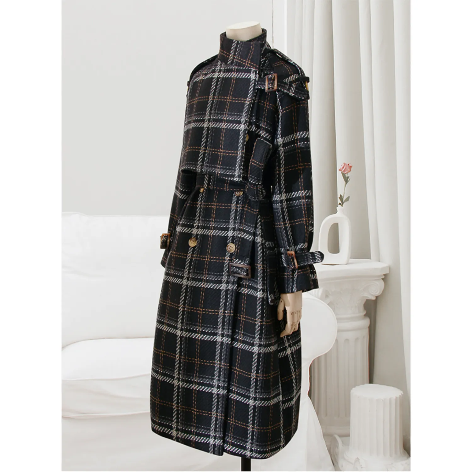 Checked Oversized Belted Coat - Black