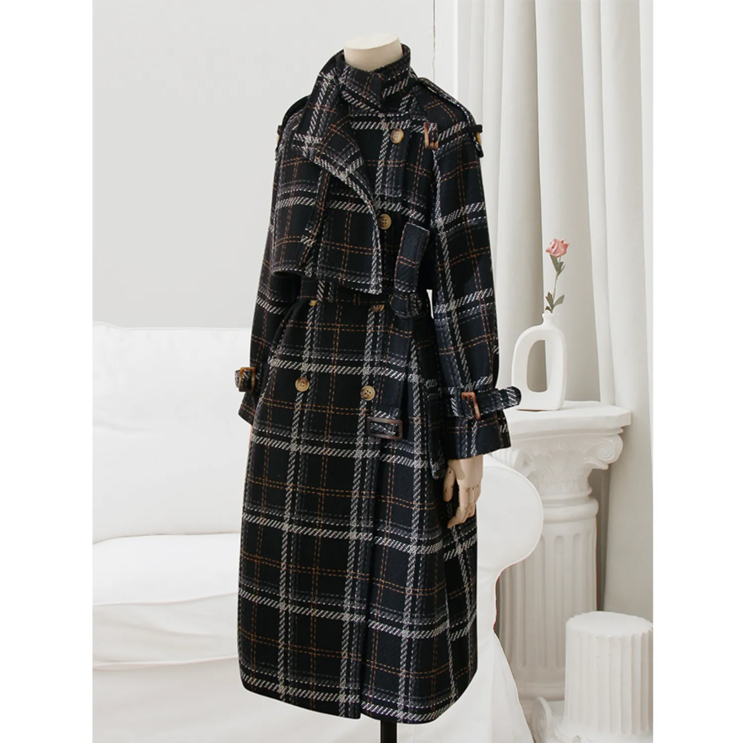 Checked Oversized Belted Coat - Black