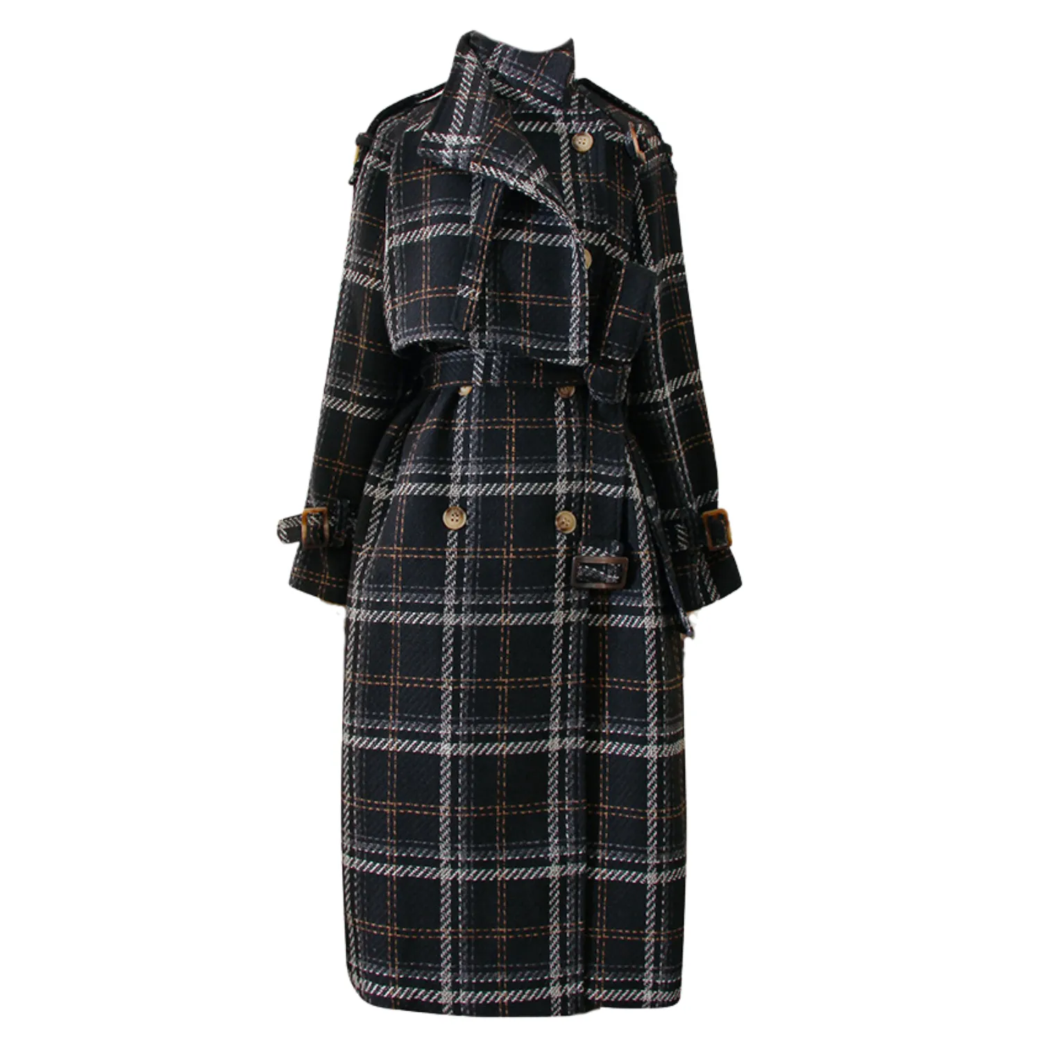 Checked Oversized Belted Coat - Black