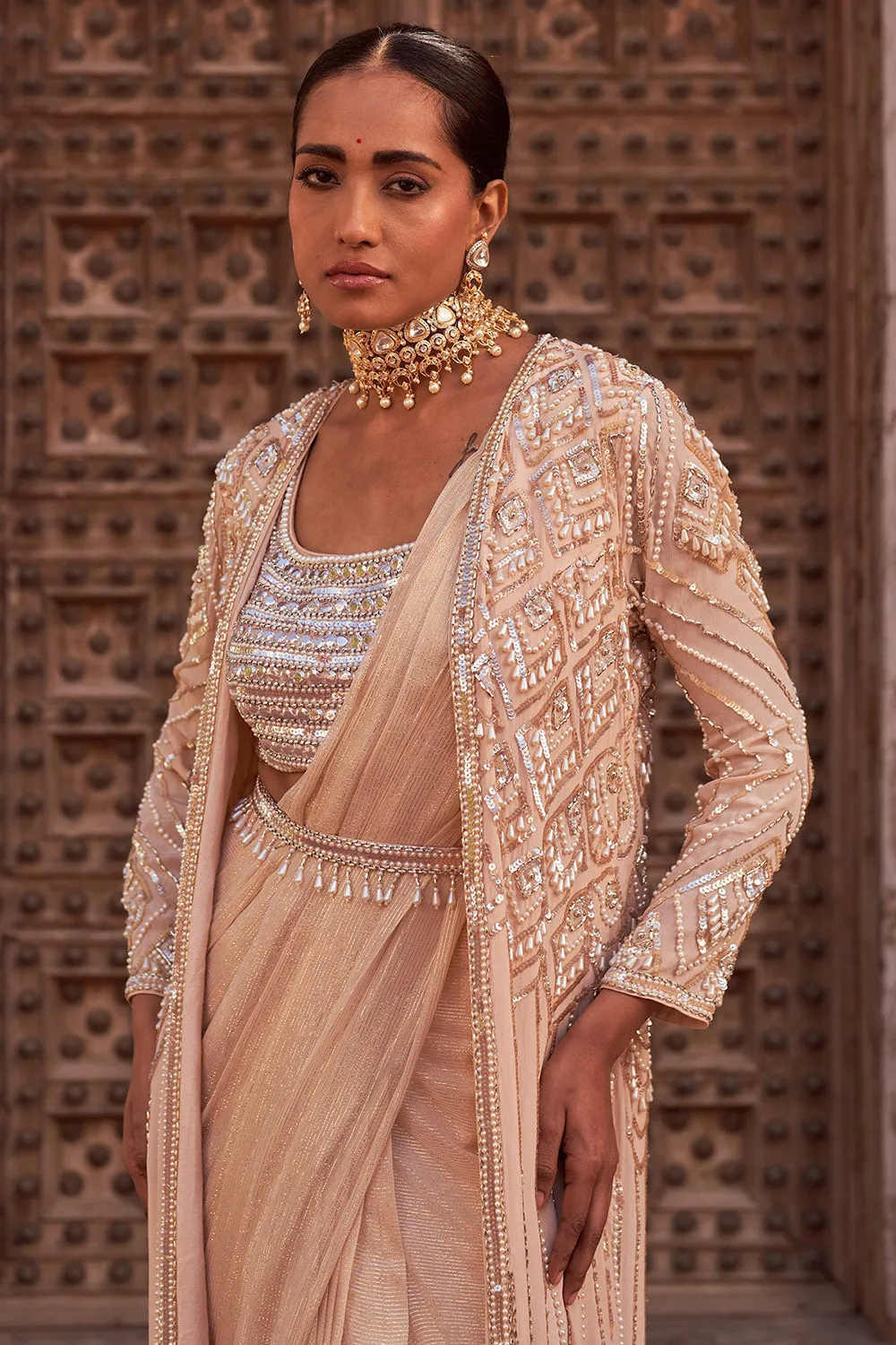 Crepe & Georgette Champagne Embroidered Jacket Saree Set