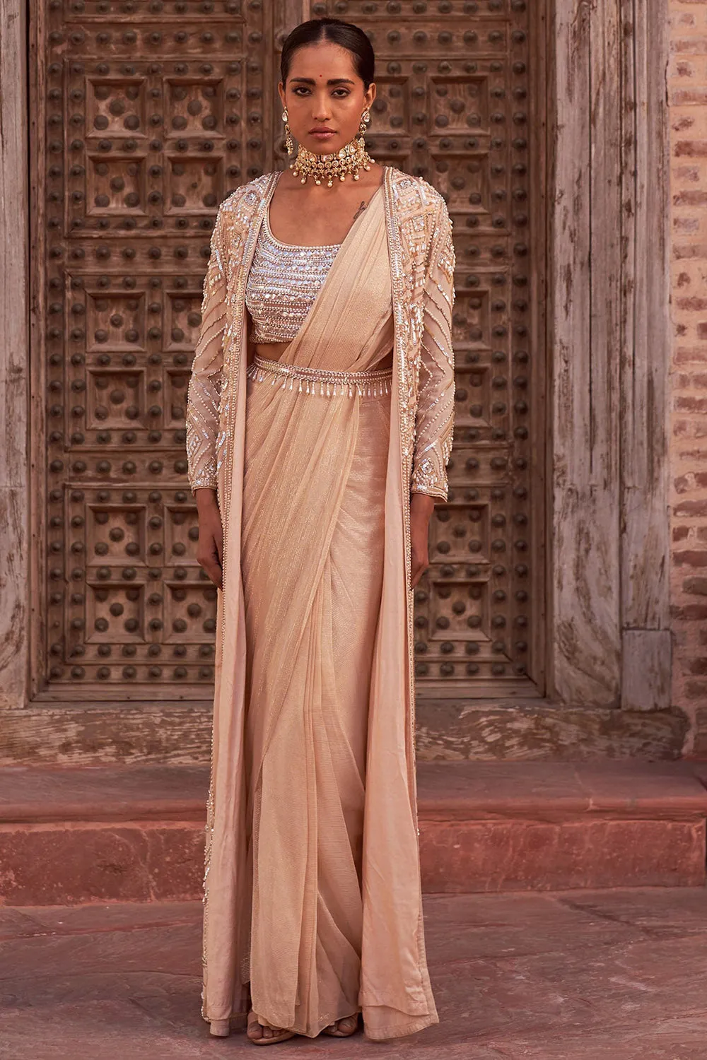 Crepe & Georgette Champagne Embroidered Jacket Saree Set