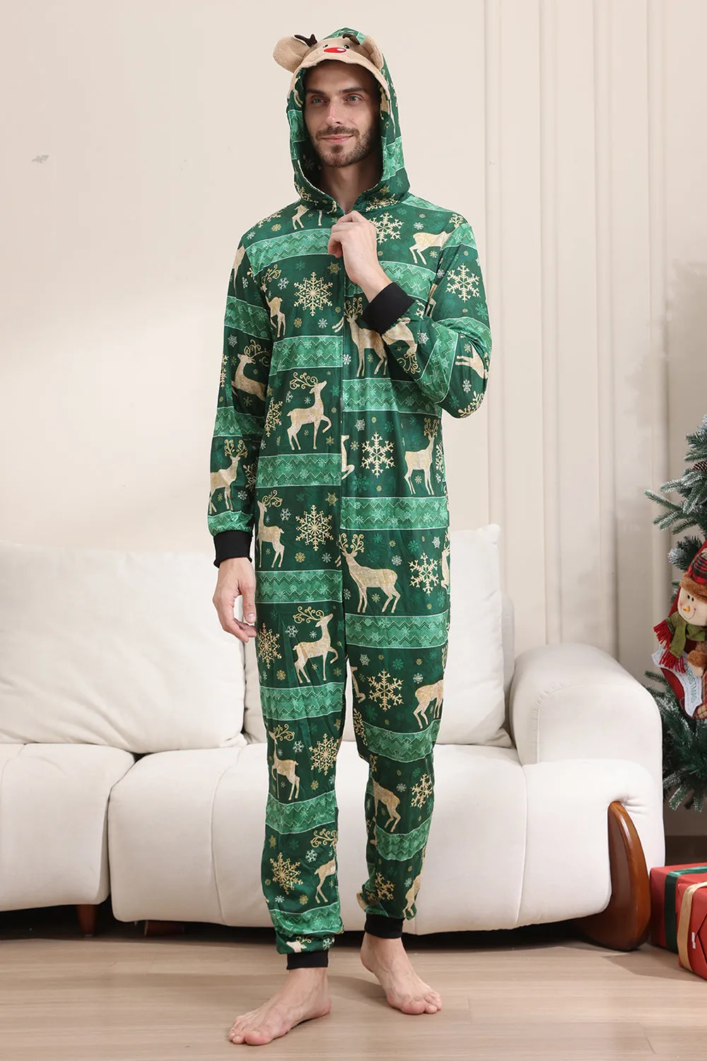 Dark Green Deer and Snowflake Print Pajamas Set for Men and Women Couples Family