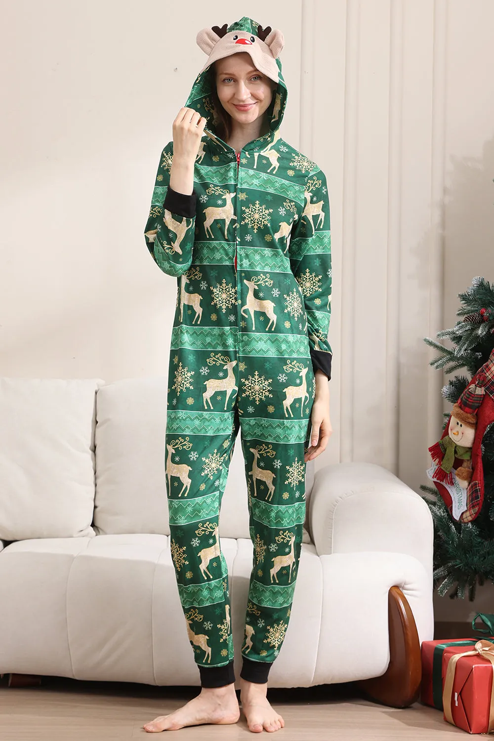 Dark Green Deer and Snowflake Print Pajamas Set for Men and Women Couples Family