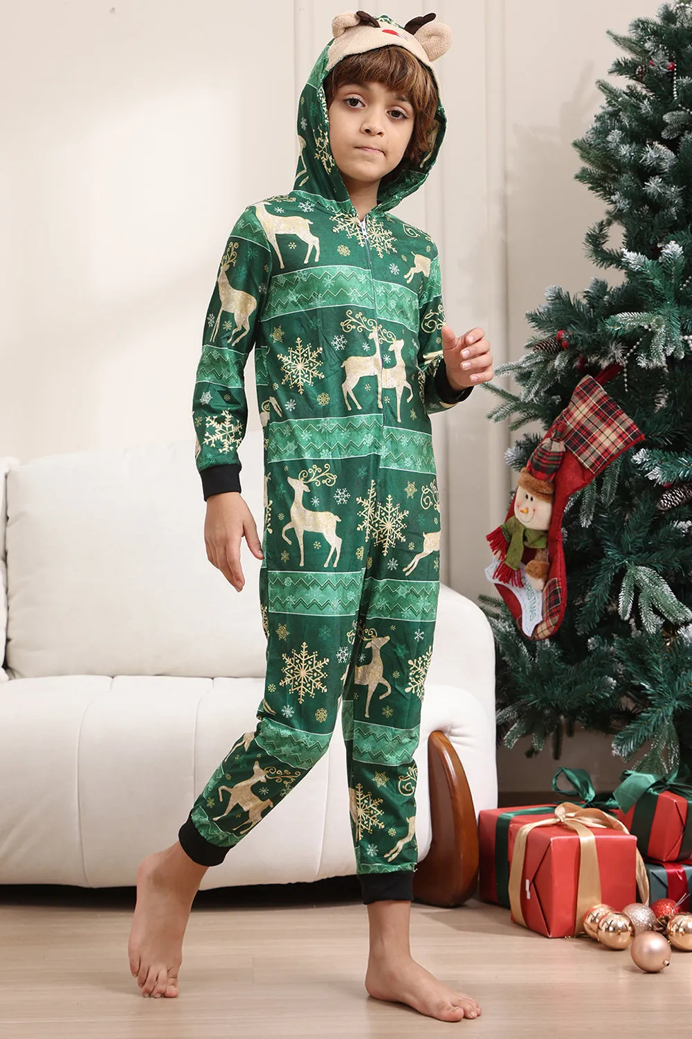 Dark Green Deer and Snowflake Print Pajamas Set for Men and Women Couples Family