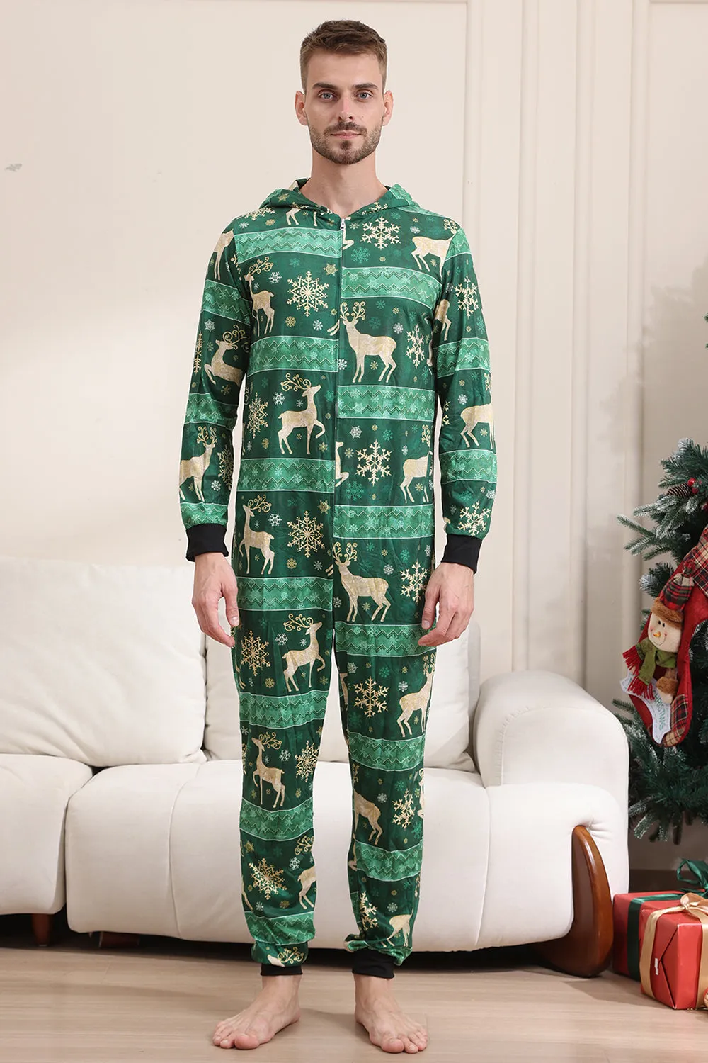 Dark Green Deer and Snowflake Print Pajamas Set for Men and Women Couples Family