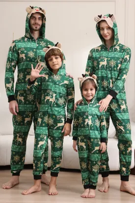 Dark Green Deer and Snowflake Print Pajamas Set for Men and Women Couples Family