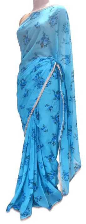 Designer Georgette Blue Floral Printed Pearl Lacer Saree SP29