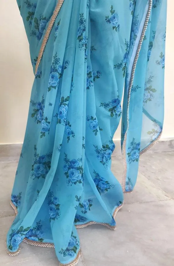 Designer Georgette Blue Floral Printed Pearl Lacer Saree SP29