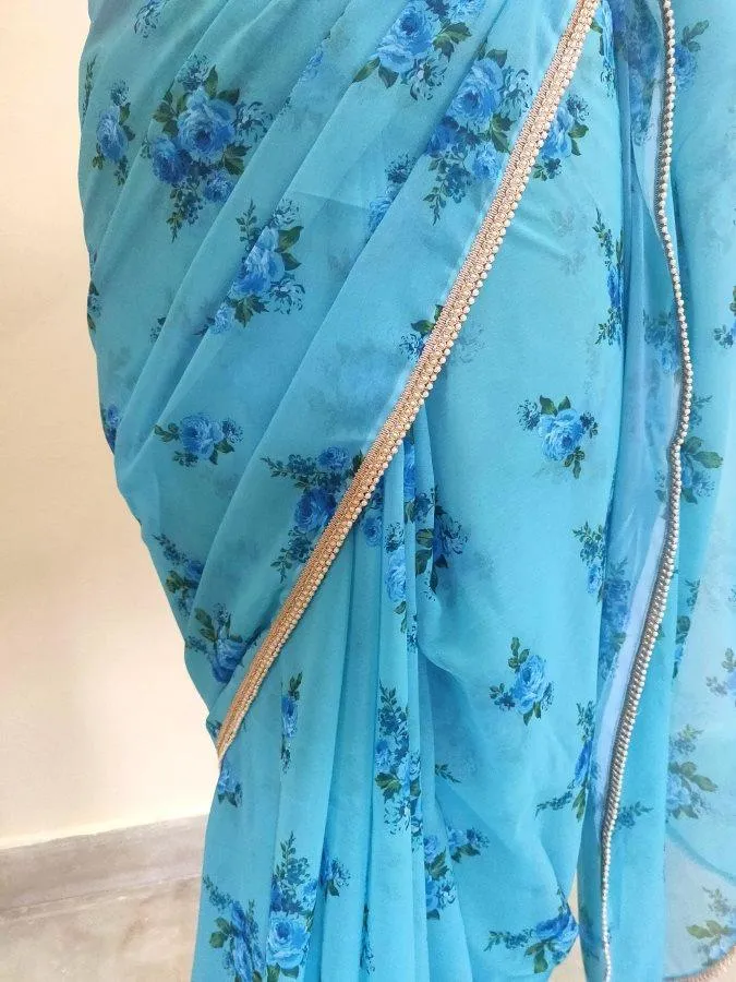 Designer Georgette Blue Floral Printed Pearl Lacer Saree SP29