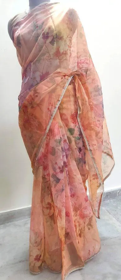 Designer Peach Organza Printed Pearl Lacer Saree SP27