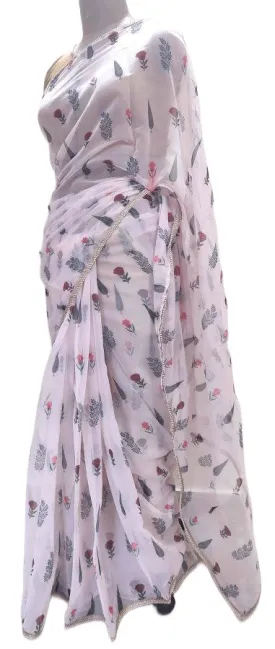 Designer Peachy Pink Organza Printed Pearl Lacer Saree SP26