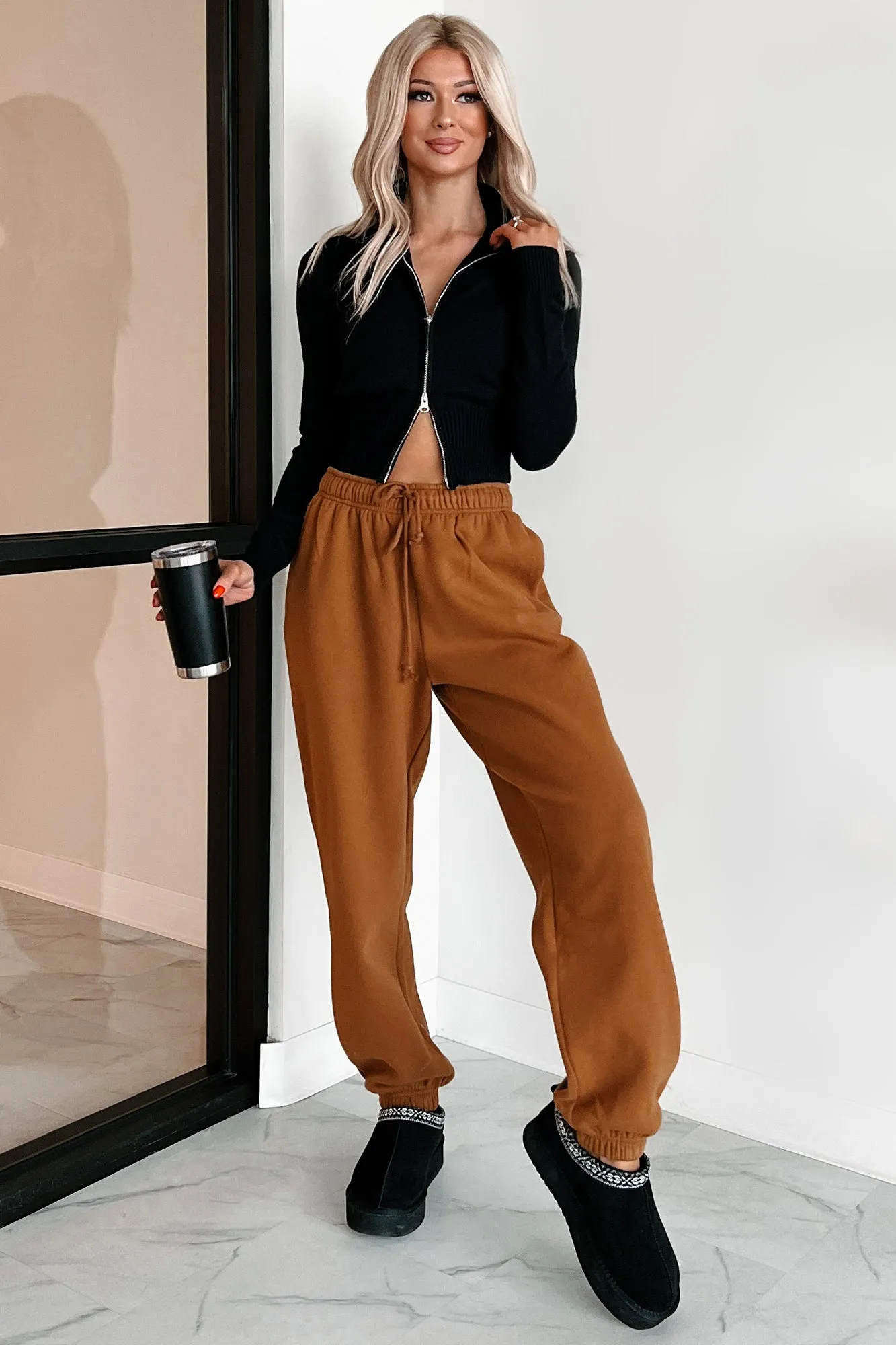 DOORBUSTER Gloomy Days Drawstring Waist Joggers (Pale Brown)