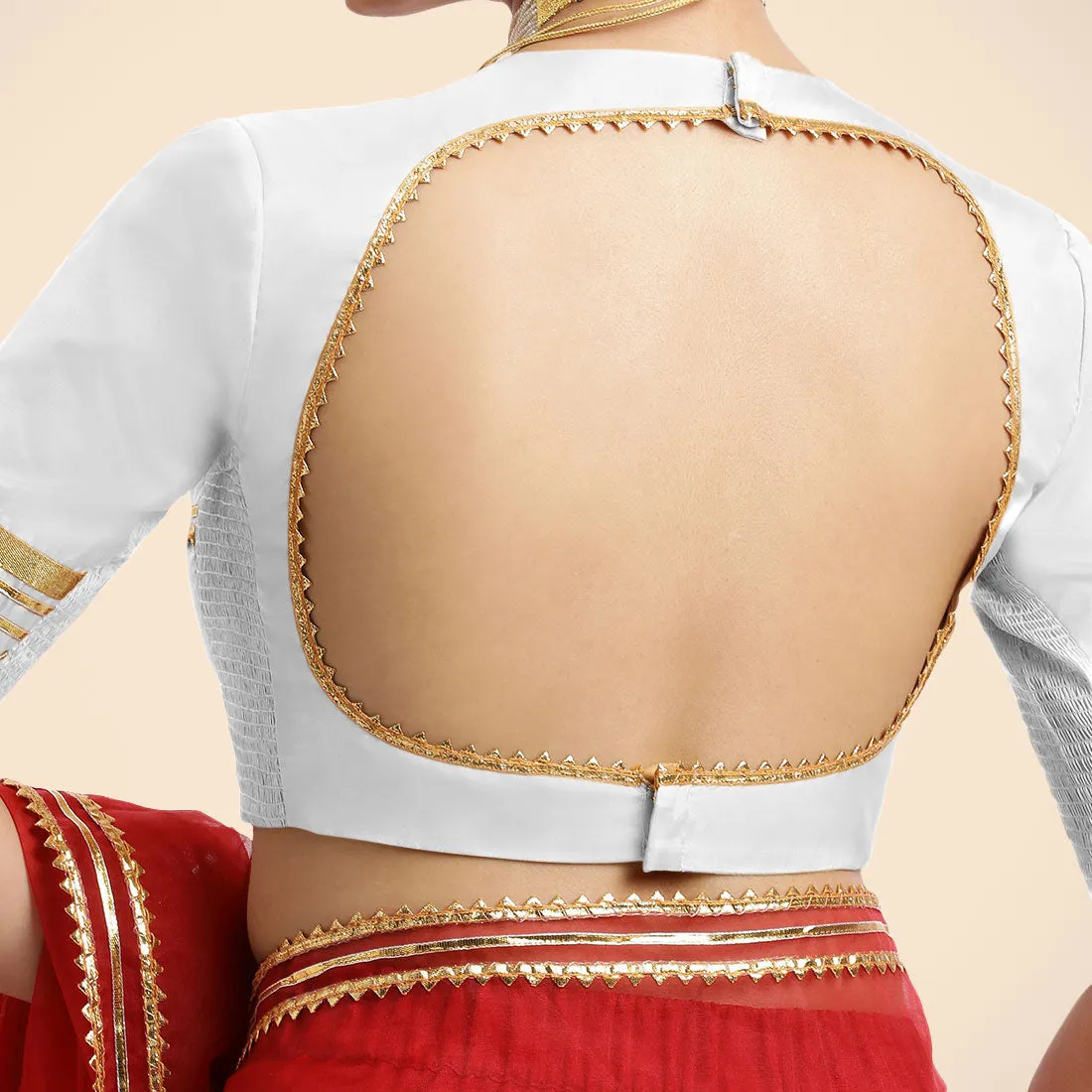 Farheen x Tyohaar | Pearl White Embellished Elbow Sleeves FlexiFit™ Saree Blouse with Zero Neck with Back Cut-Out and Golden Gota Embellishment