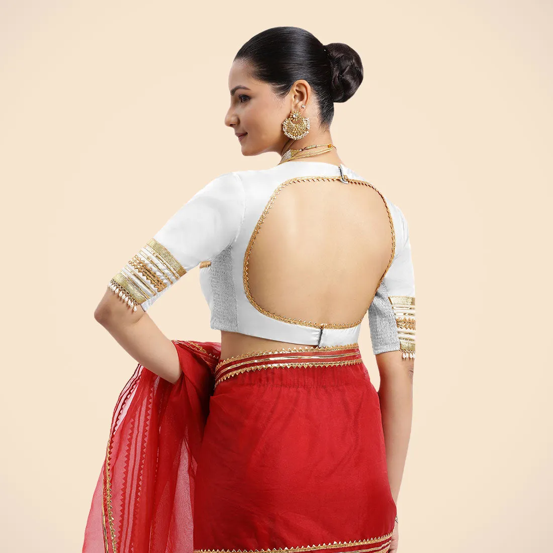 Farheen x Tyohaar | Pearl White Embellished Elbow Sleeves FlexiFit™ Saree Blouse with Zero Neck with Back Cut-Out and Golden Gota Embellishment