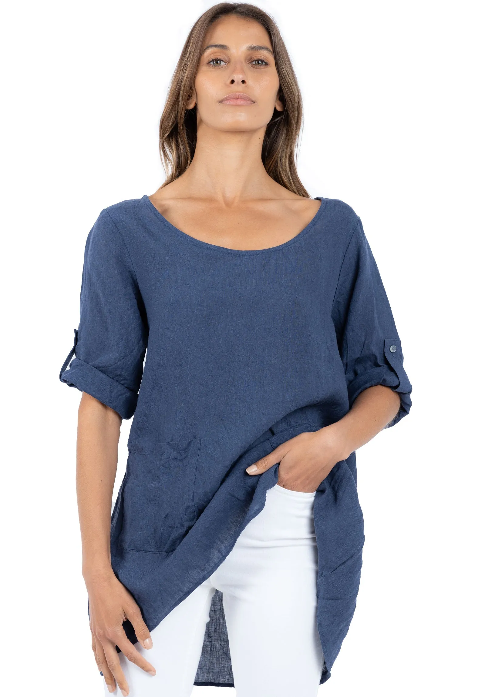 Federica Blue Sand Washed Linen Tunic Top