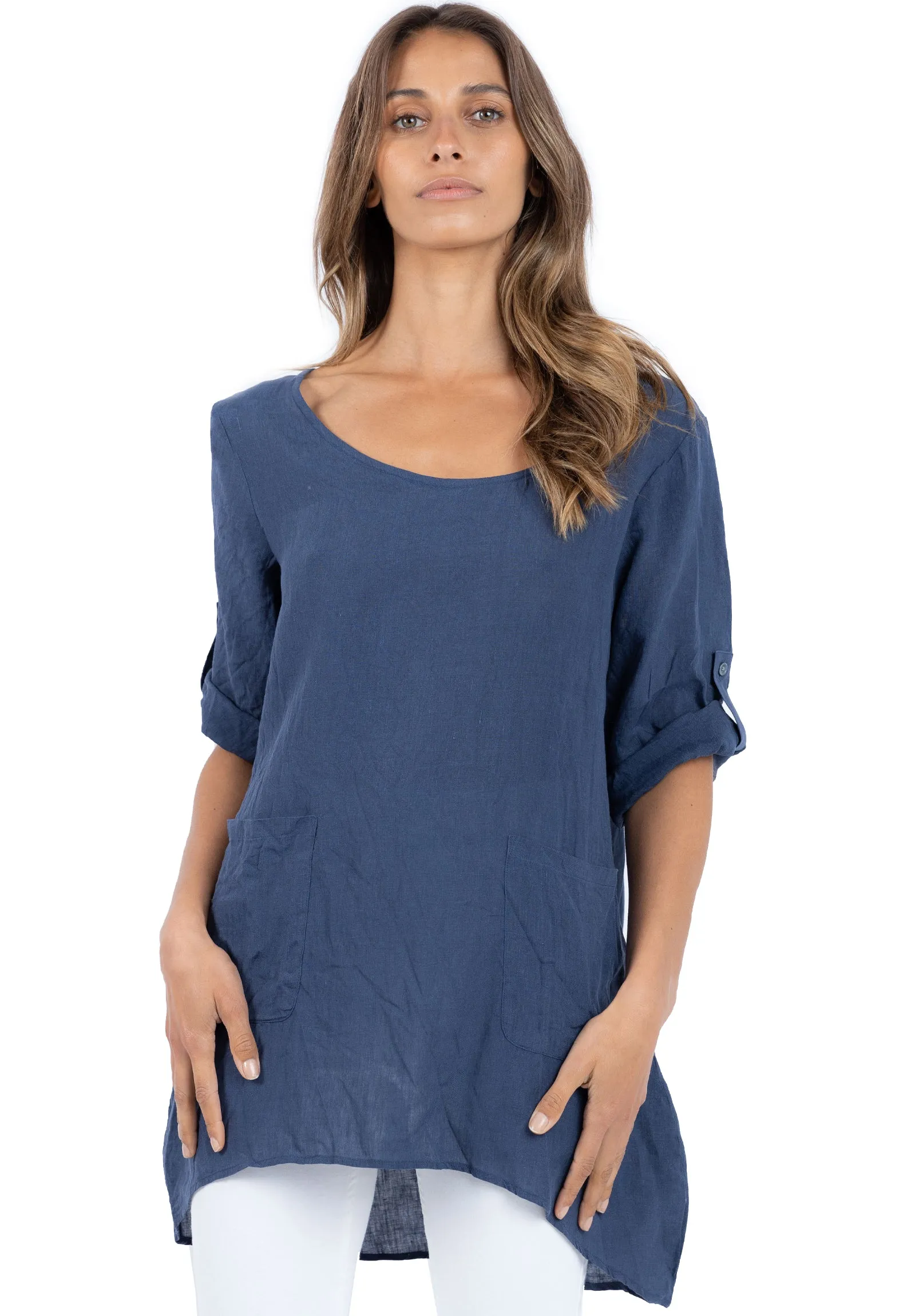 Federica Blue Sand Washed Linen Tunic Top