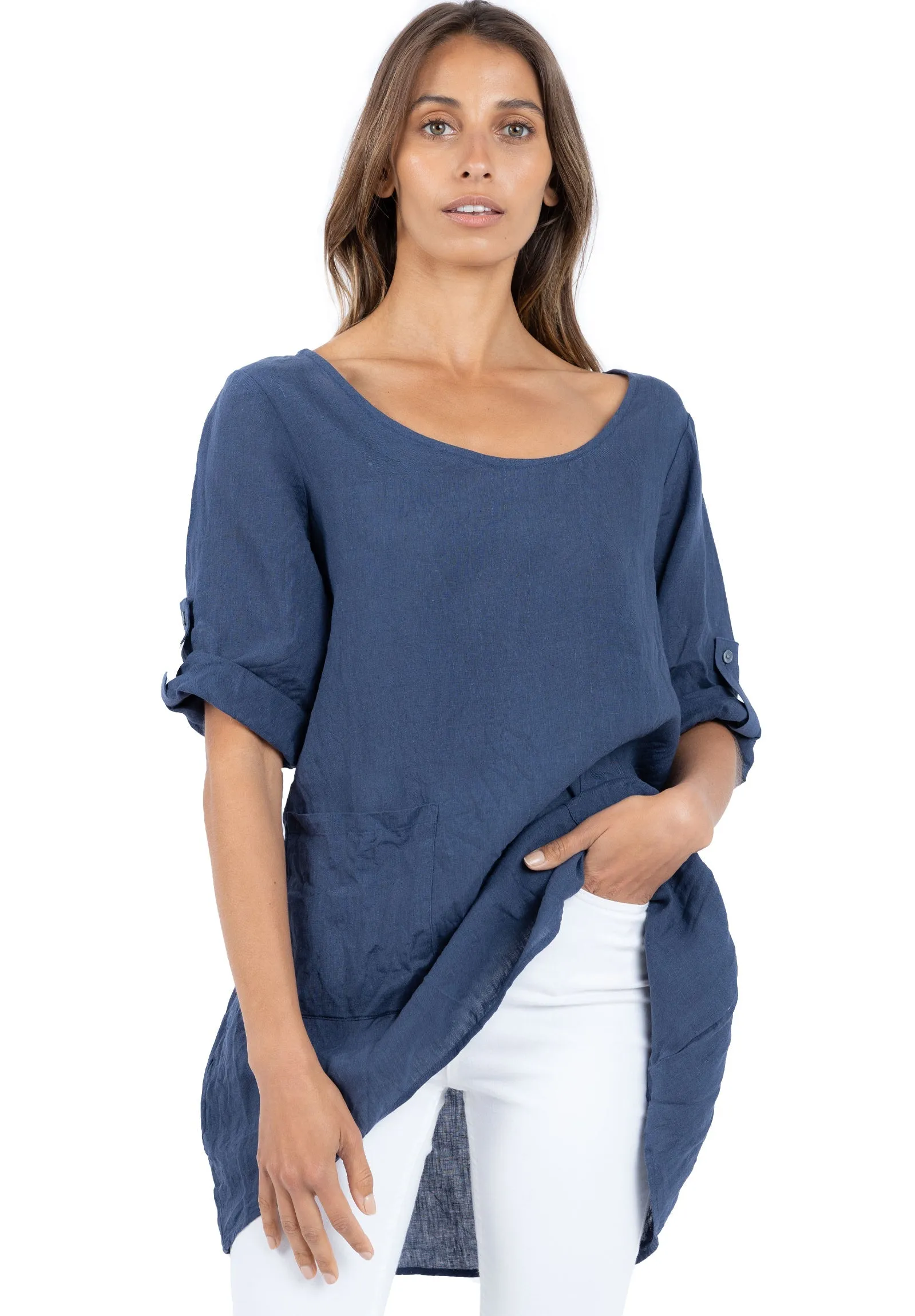 Federica Blue Sand Washed Linen Tunic Top