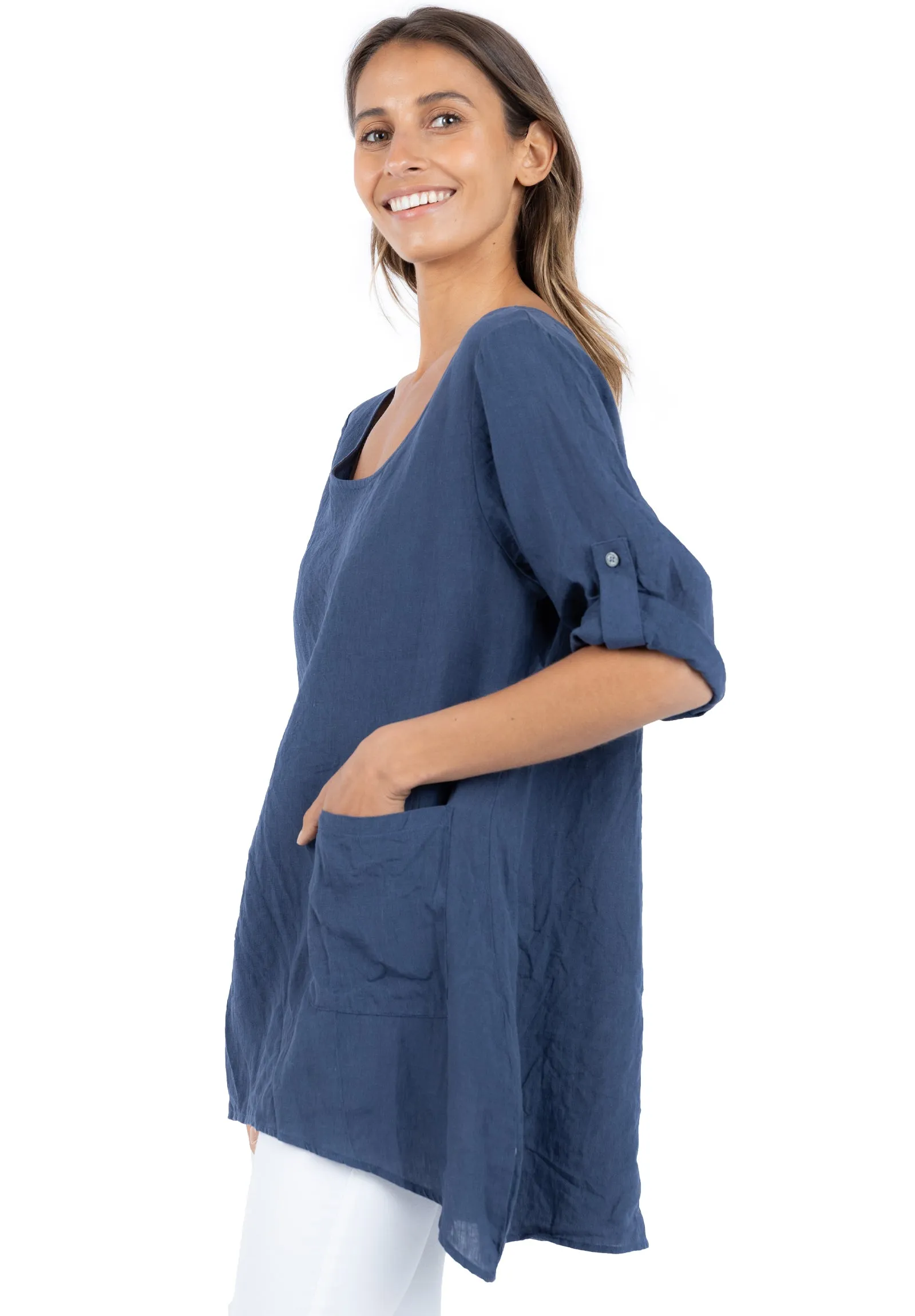 Federica Blue Sand Washed Linen Tunic Top