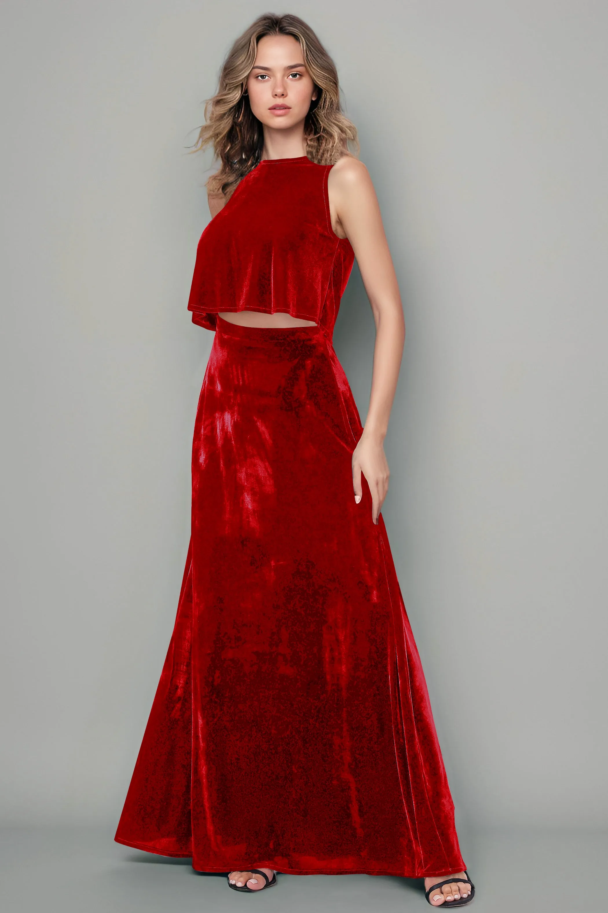 Floor Length Two-Pieces A-Line Sleeveless Velvet Bridesmaid Dresses