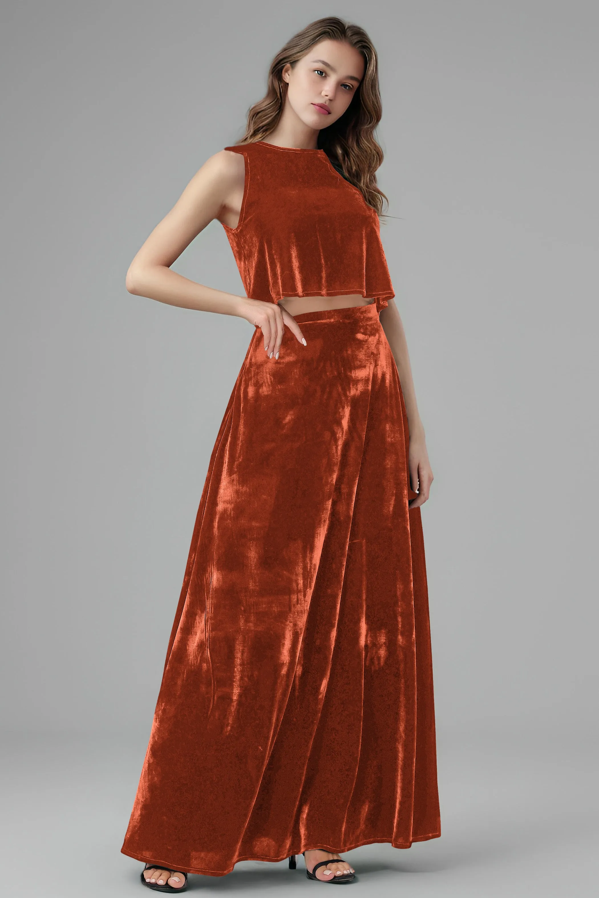 Floor Length Two-Pieces A-Line Sleeveless Velvet Bridesmaid Dresses