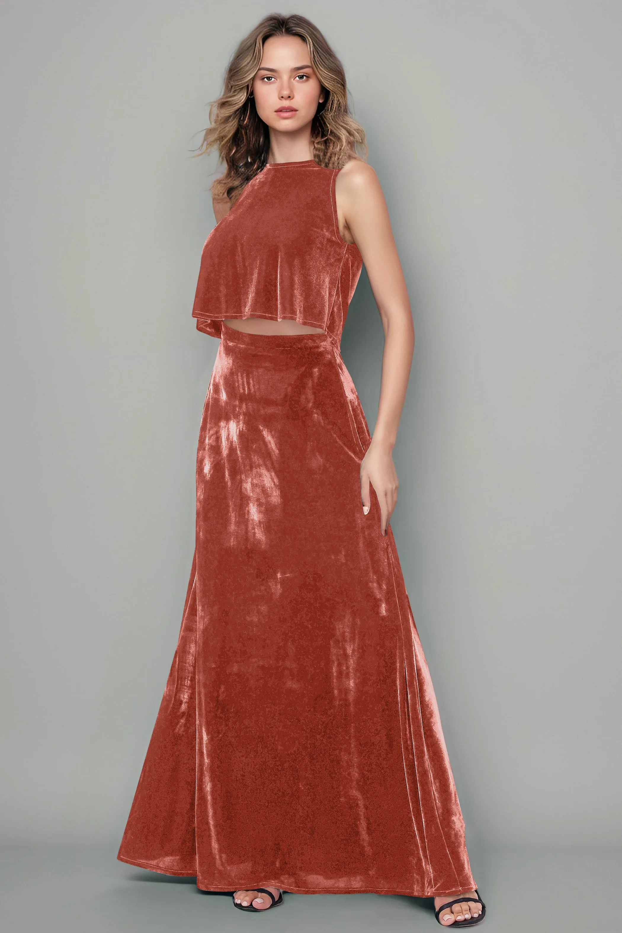 Floor Length Two-Pieces A-Line Sleeveless Velvet Bridesmaid Dresses