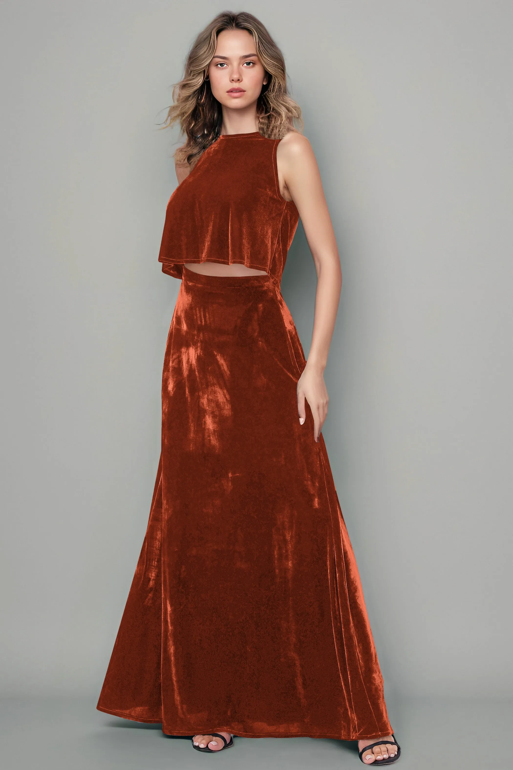 Floor Length Two-Pieces A-Line Sleeveless Velvet Bridesmaid Dresses