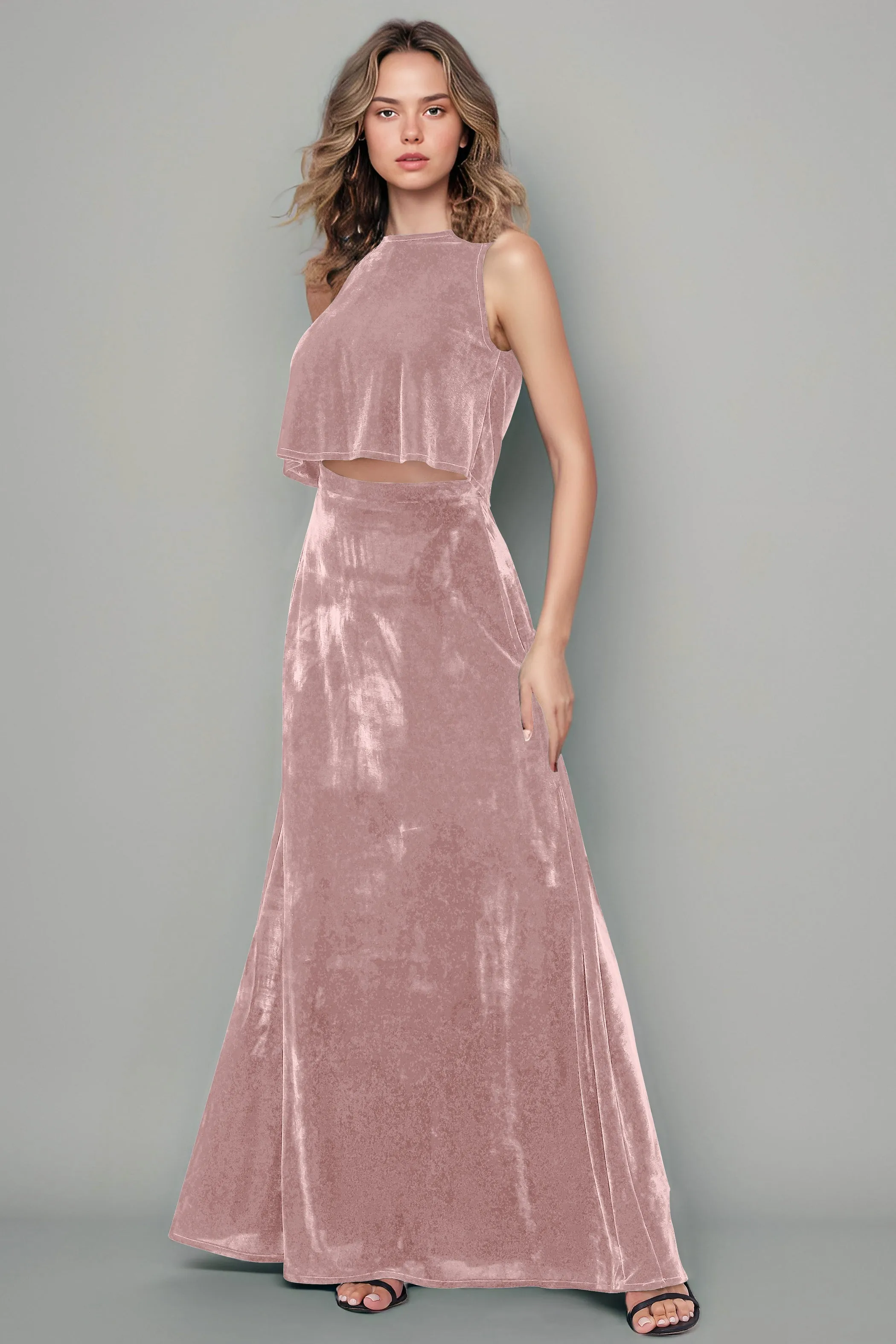 Floor Length Two-Pieces A-Line Sleeveless Velvet Bridesmaid Dresses