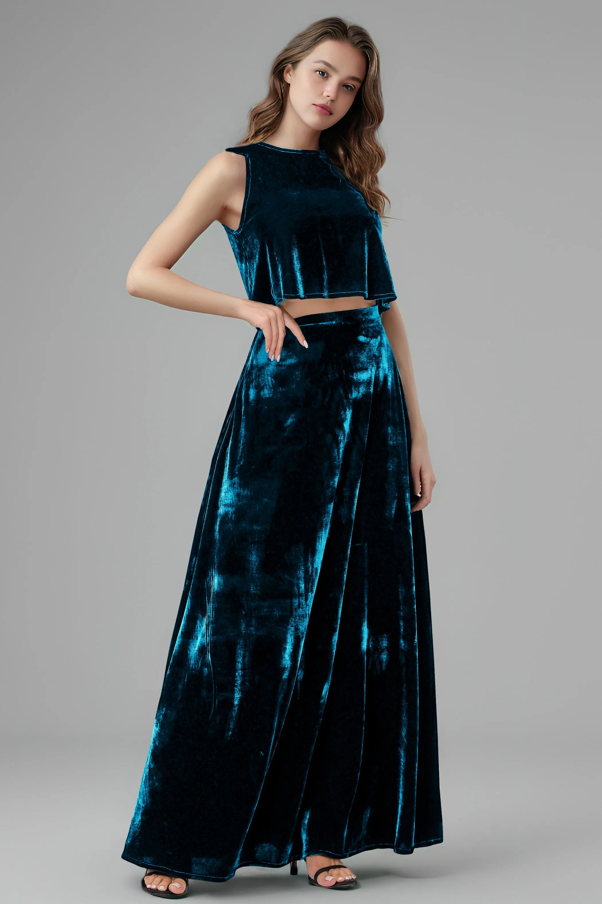 Floor Length Two-Pieces A-Line Sleeveless Velvet Bridesmaid Dresses