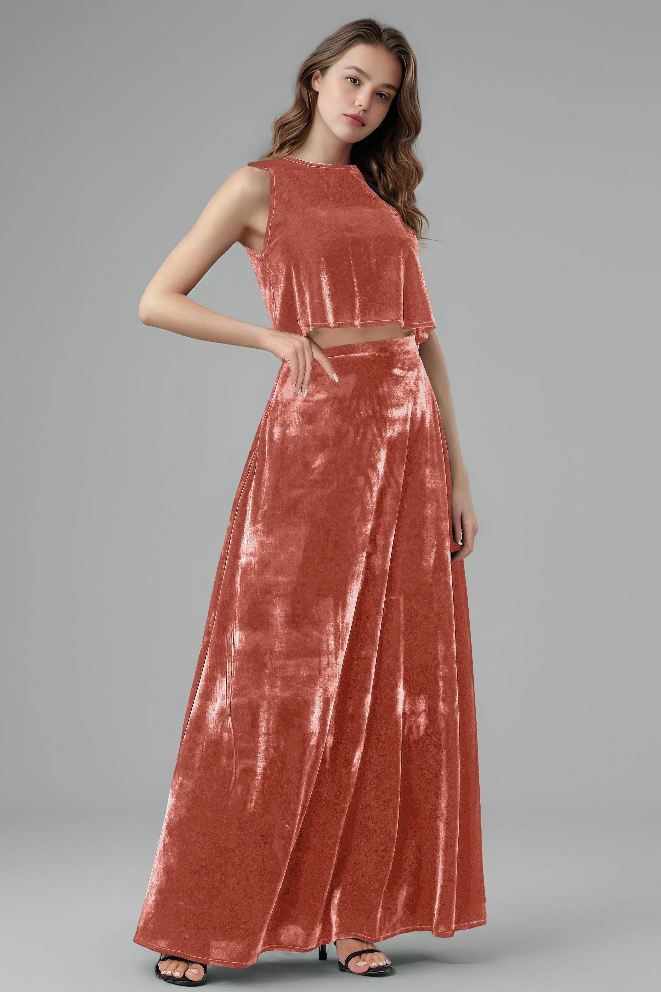 Floor Length Two-Pieces A-Line Sleeveless Velvet Bridesmaid Dresses