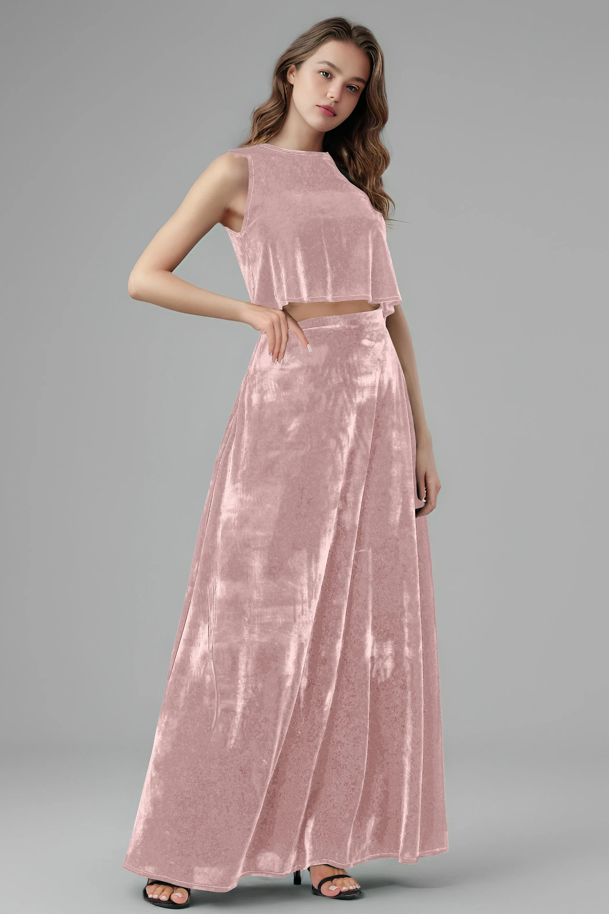 Floor Length Two-Pieces A-Line Sleeveless Velvet Bridesmaid Dresses