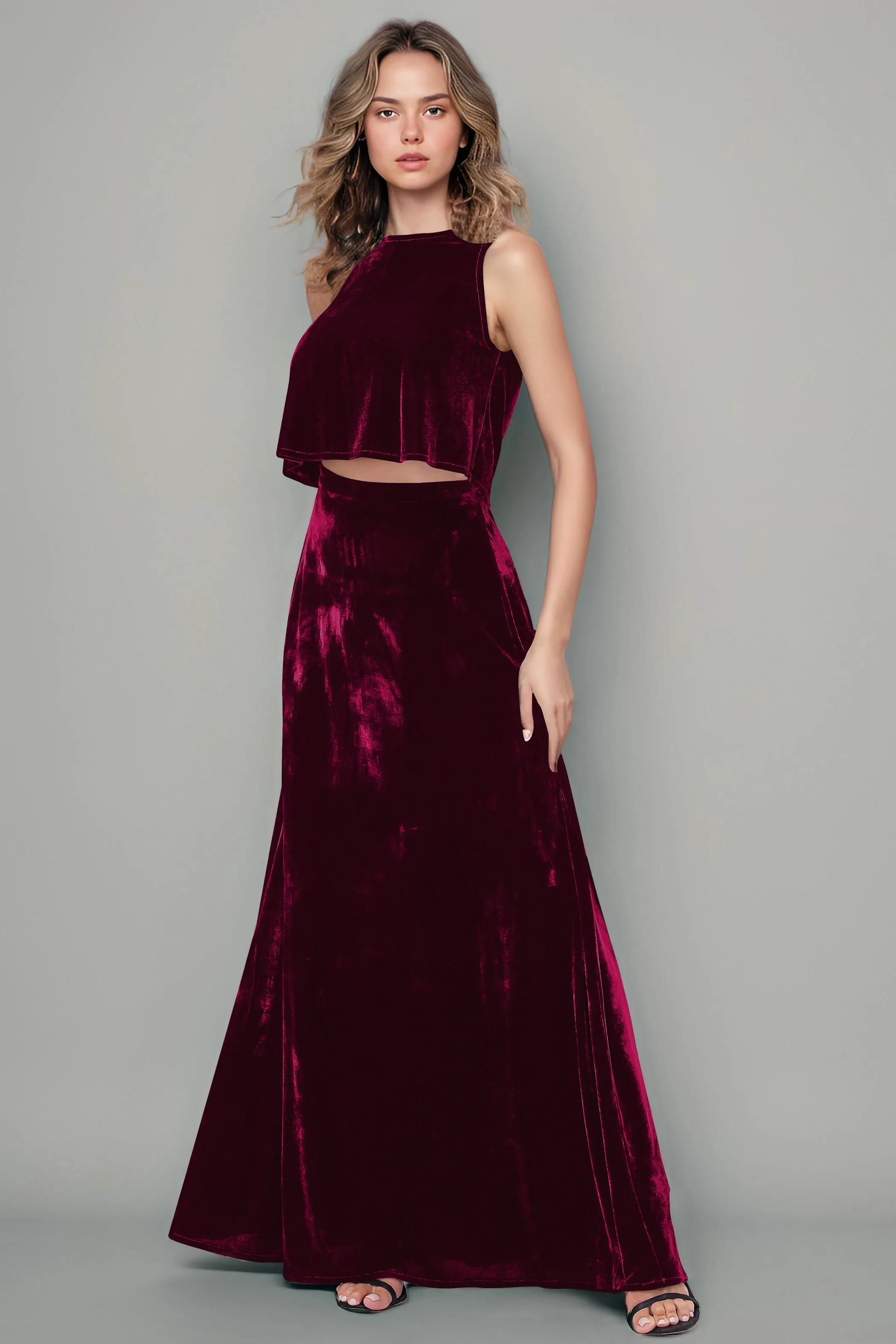 Floor Length Two-Pieces A-Line Sleeveless Velvet Bridesmaid Dresses